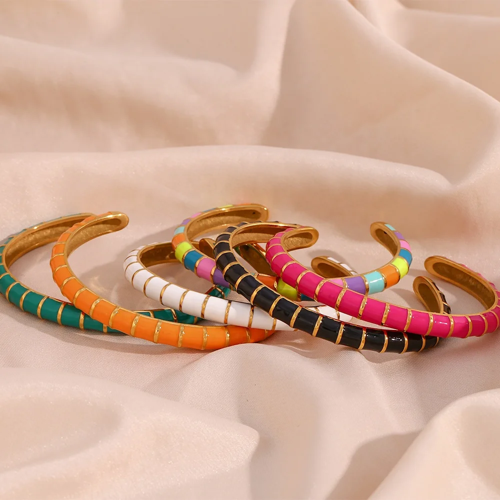 Colorful Enamel Open Design Fine Jewelry Bracelets Bangles for Girls 18k Gold Plated Stainless Steel Bangles for Women