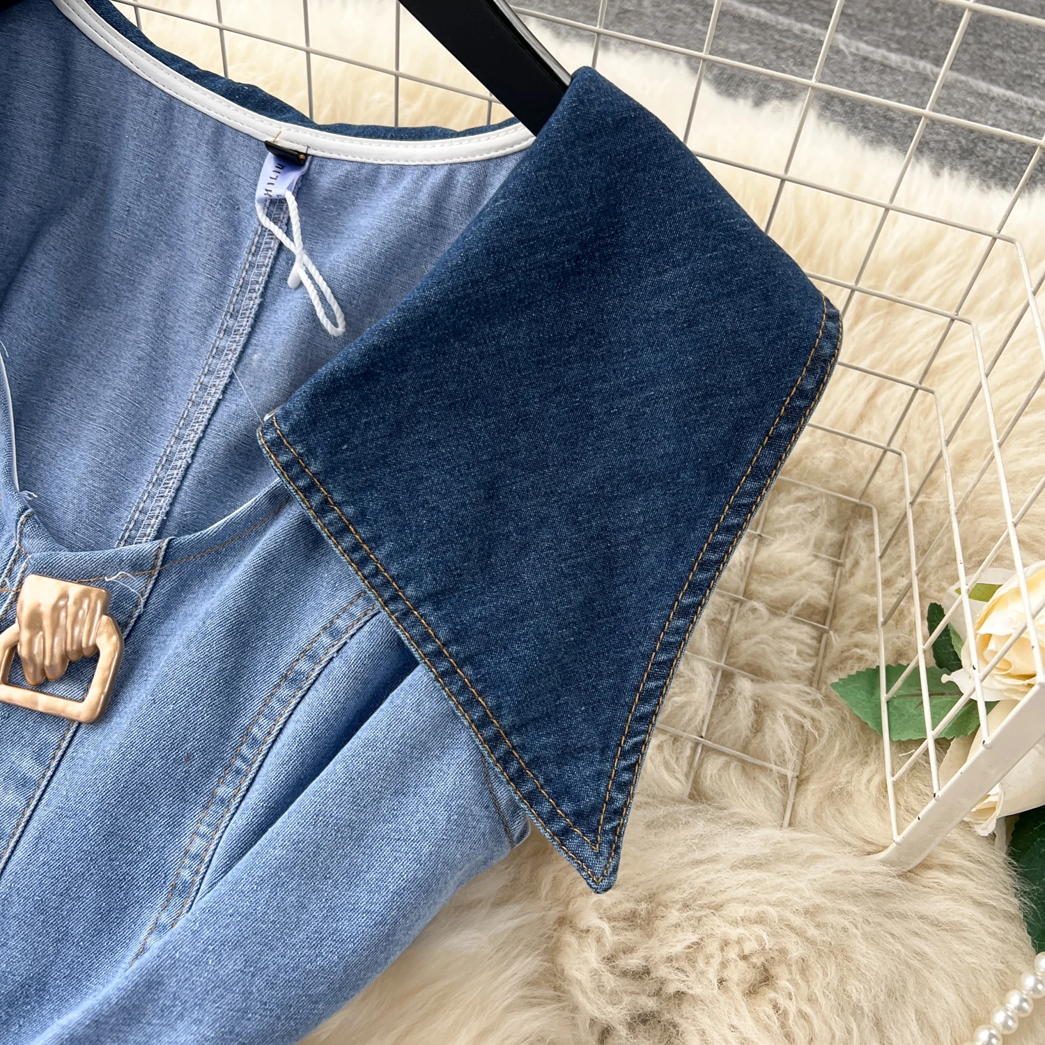 korean jean dress for lady BXCNCKD Summer Denim Dress Korean Style Fashion Waist Slim Short-Sleeved Denim Dress (Dark Blue, S) at Amazon Women's Clothing store