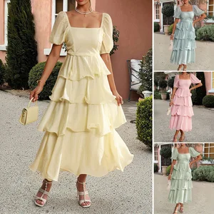 Women's 2026 Summer Boho Midi Dress Short Puff Sleeve Flowy A Line Tiered Beach Vacation Long Dresses