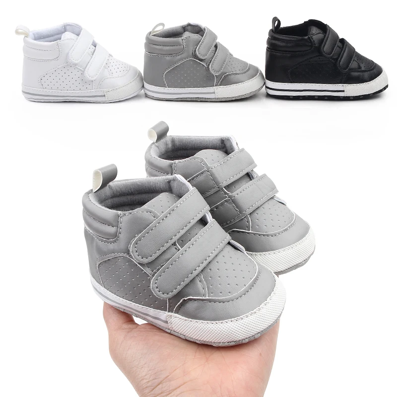 Spring and Autumn New 0-1 Year Old Baby PU Leather Solid Color High Top Mesh Breathable Baby Walking Shoes
