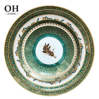 Chinese Style Dinner Set Fine Bone China Plate Set Dinnerware Green Country Decor Wedding Tableware for Event&Catering&Rental