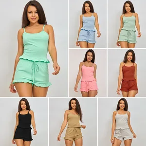 Hot Selling Pajamas in Europe and America, Women's Sexy Suspender Shorts, Two-piece Pajama Women's Set, Solid Color Striped Home