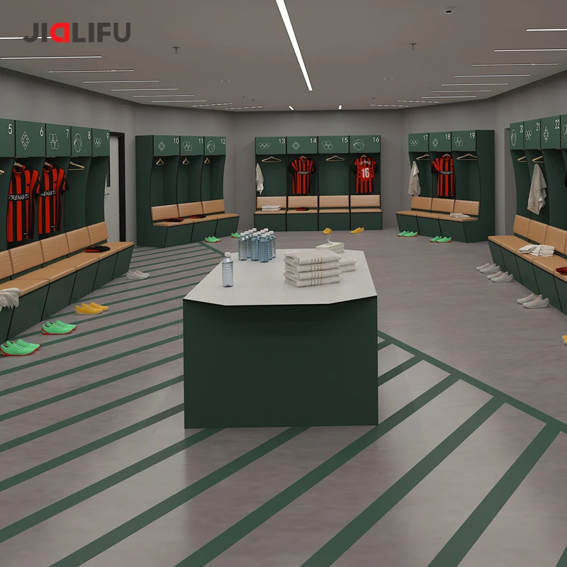 JIALIFU Customized Soccer Athlete Gym Locker HPL Wood Football Locker Room Includes Bench for Storage