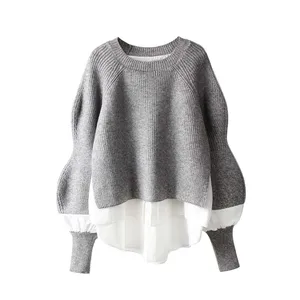 Wholesale 2026 Autumn and Winter Layered Sweater Stitching Shirt Two-piece Suit Female Foreign Style Knitted Sweater