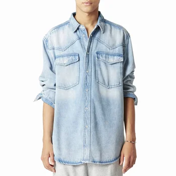 OEM High Quality Light Blue Multipocket Jean Shirt Long Sleeve Hem Button Up Denim Shirt for Men