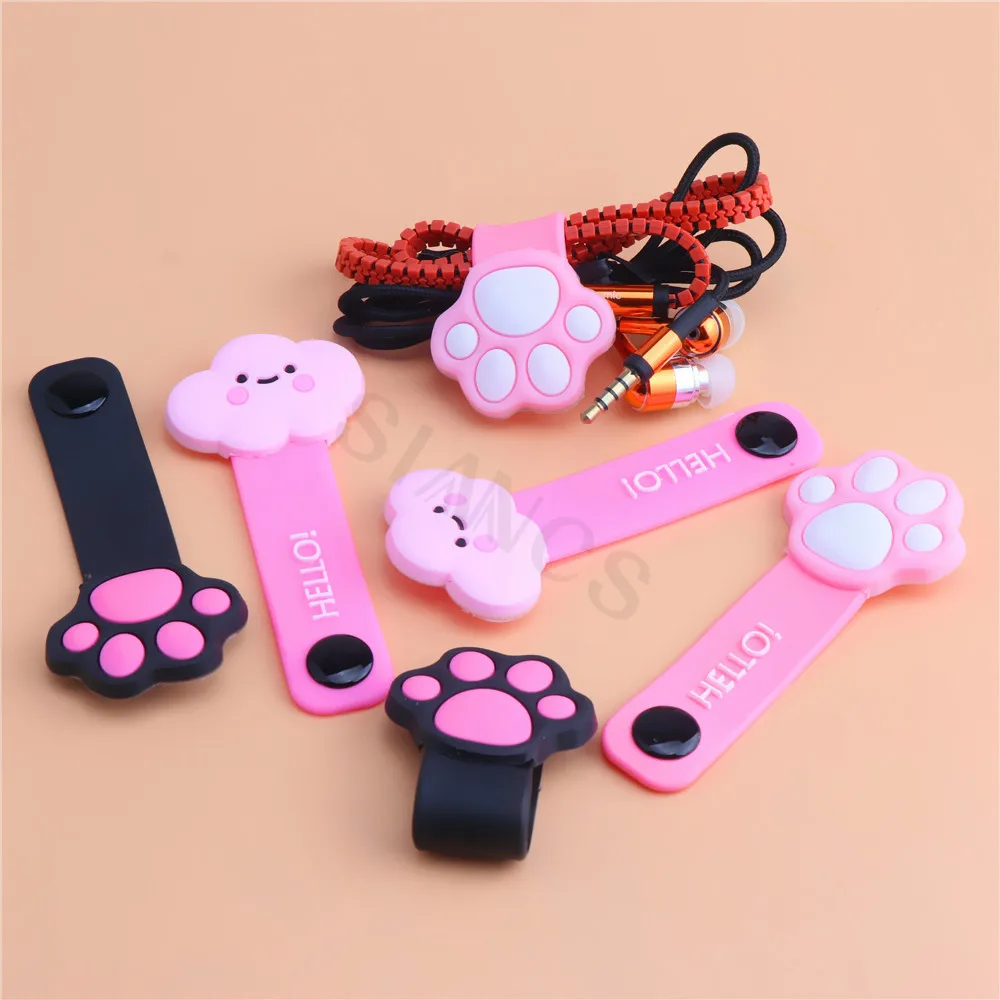 Cute cat paw buckle holder pink cloud mobile phone data cable winder silicone cartoon earphone cable wire storage clip organizer