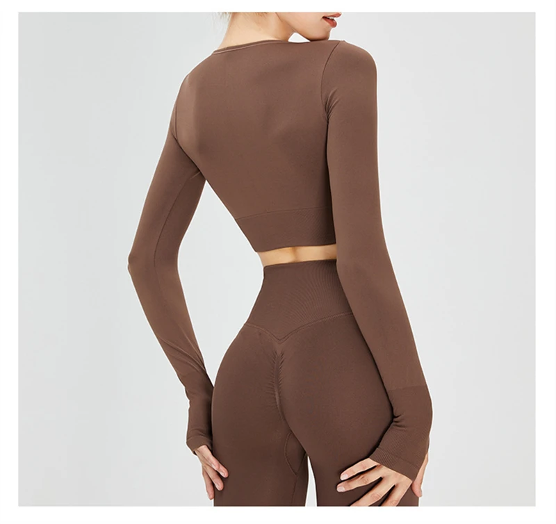 Womens Workout Apparel Solid Color Long Sleeve Yoga Crop Tops Gym