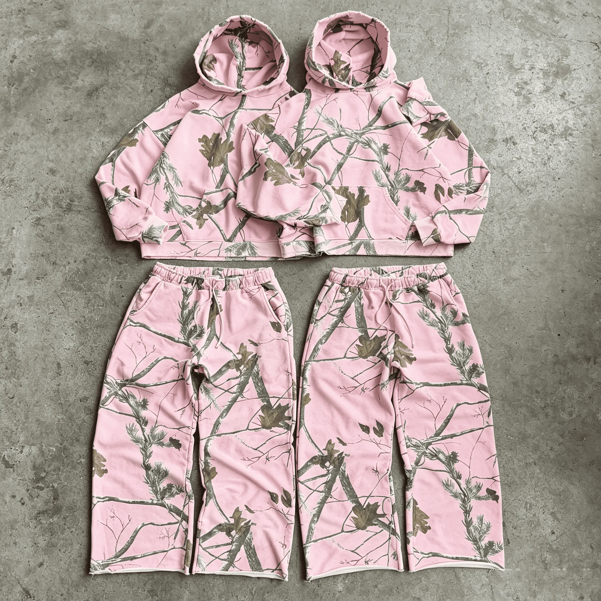 Custom Pink Real Tree Camo Cropped Hoodie and Sweatpants Two Piece Streetwear Tracksuit for Men