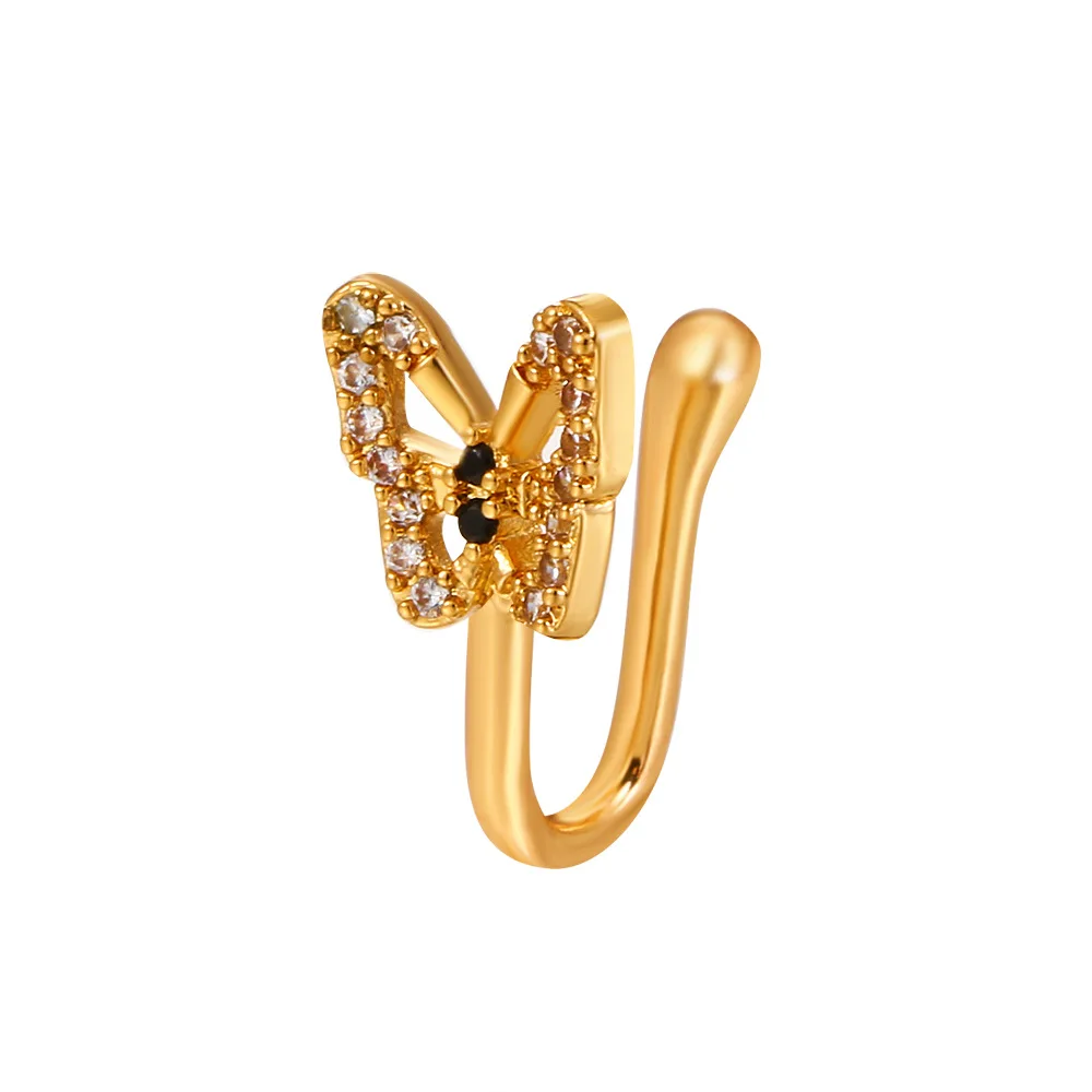 Karat Gold Plated Nose Ring Bijuteria Non-Piercing U Shape Butterfly Design with Black CZ Stones for Wedding Engagement