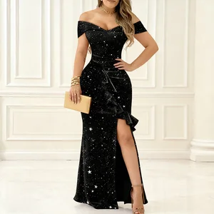 2025 Women's Sexy Off-shoulder  Asymmetric Glittered and Beaded Evening Dress