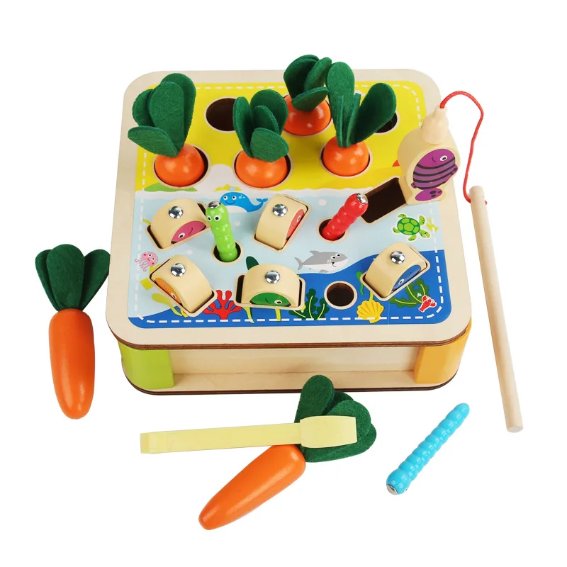 3-in-1 Holzspielzeug für die frühkindliche Bildung, Karottenziehen, Angeln, Insektenfang, Montessori-Holzspielzeug zur Feinmotorikförderung