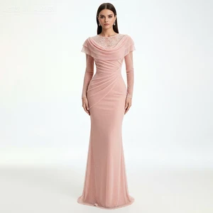 ZYHT 73937 Ladies Clothes Fish Tail Long Sleeve Pink 2026 Spring Elegant Luxury Gemstone Pearls Party Evening Dress