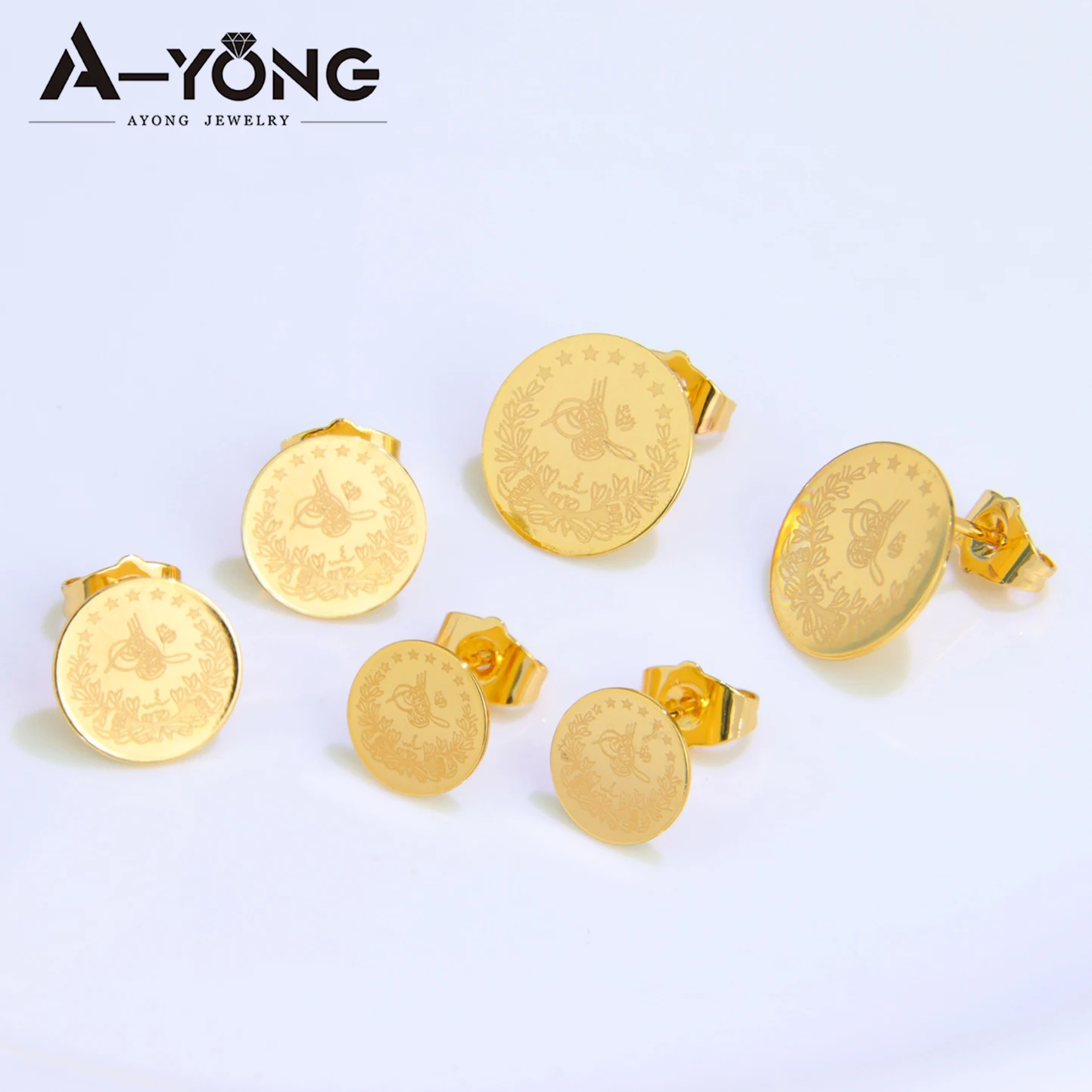 批发定制经典土耳其硬币耳钉简约设计18k金黄铜女式耳钉| Alibaba.com