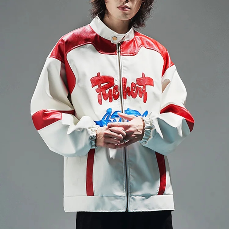 Men's Leather Baseball Jacket With Trendy Satin Lapel Finish_voghion.com
