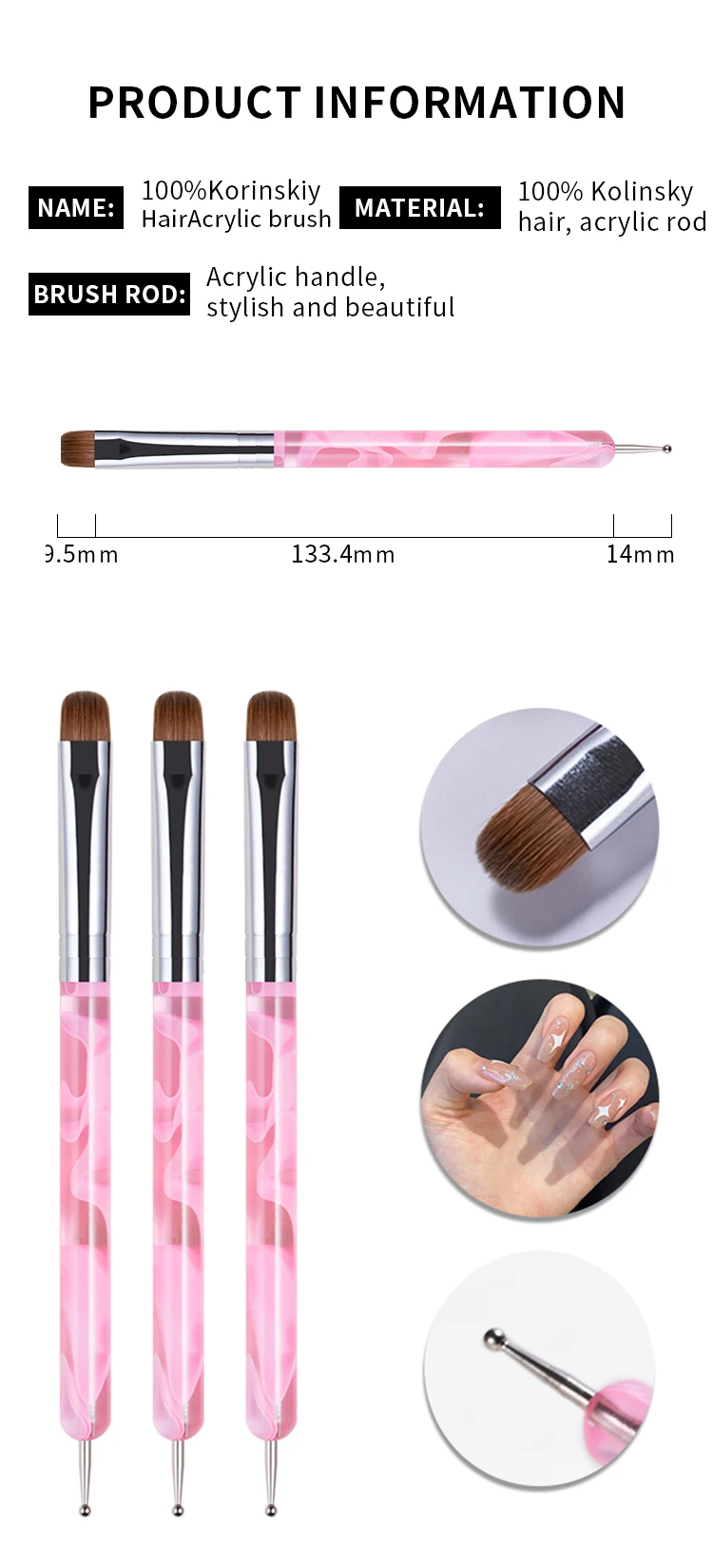 Highest Quality New Product Kolinsky Sable Hair Pink Acrylic Double Head Nail Brush Supply Nail