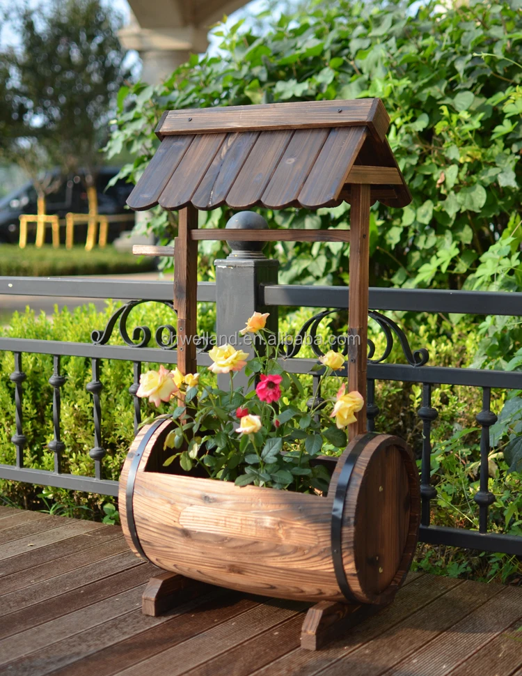 Wooden Wishing Well Planter with Small Hanging Barrel