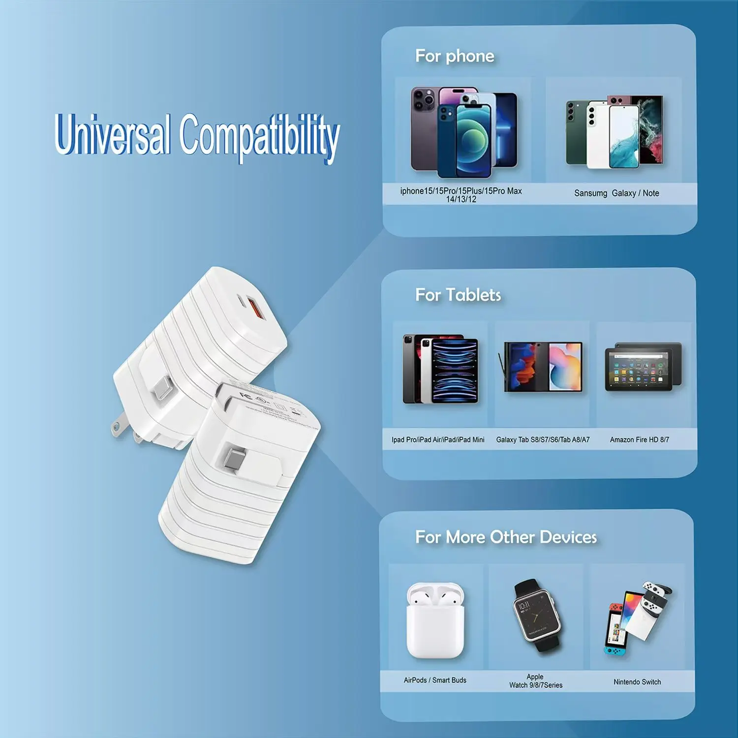 2025 New Products PD40W Wall Charger Built-in USB-A+C Ports and Type-C Cable  Multi-port USB Wall Charger  UUTEK I30