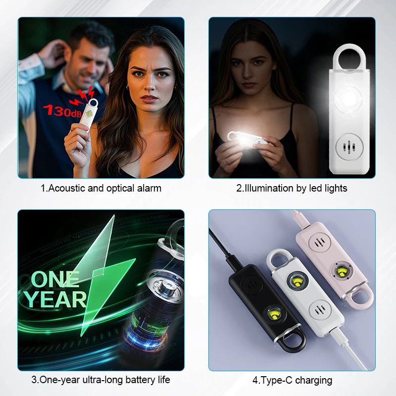 130db Emergency Self Defense Key Chain Rechargeable Portable Pocket Alarm Keychain Personal Alarm for Women Children Elders