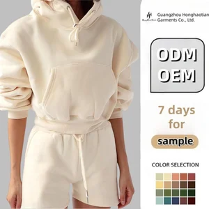 ODM Custom Women Two Pieces Outfits Street Wear Pullover Blank Cropped Hoodie With Short Sweatpants Women Sets Sports Outfit