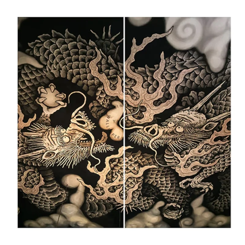 Double Dragon Mural at Inukuni Temple in Kyoto Fabric Living Room Wallpaper