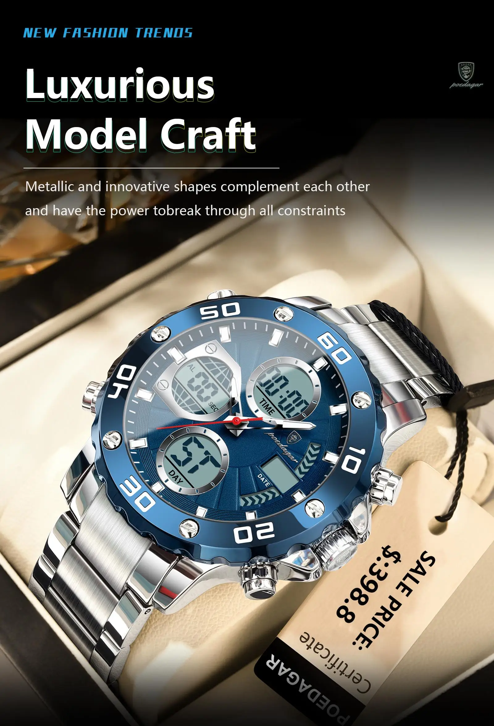 POEDAGAR E102 New Men Fashion Digital Quartz Movement Men Electronic Watches Led Dual  Display Luminous Stainless Watch for Male