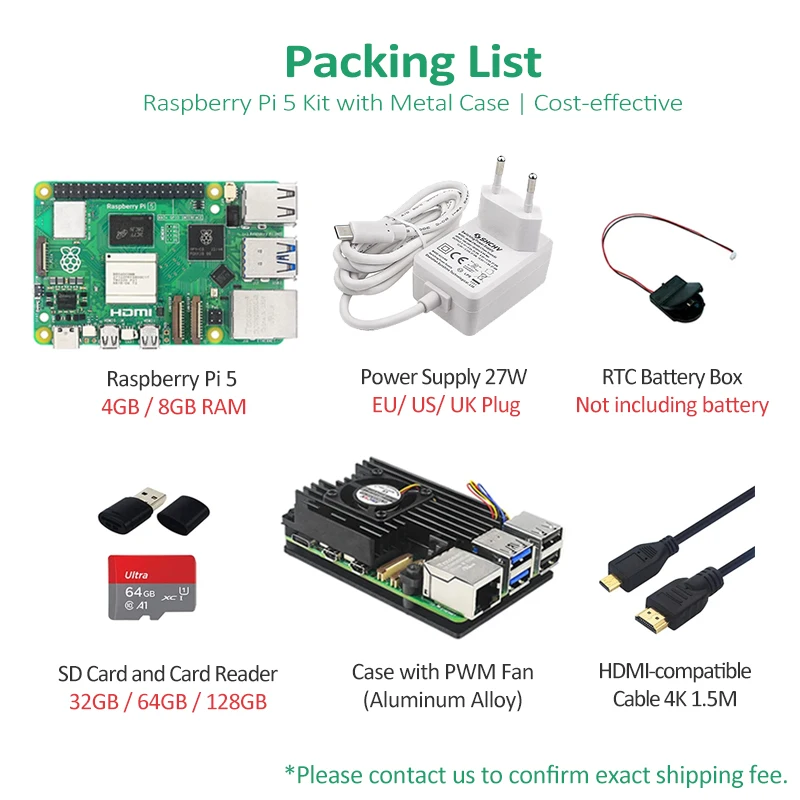 Raspberry Pi 5 Kit 4GB 8GB RAM Including Power Supply 27W RTC Battery Box SD Card Card Reader Metal Case with Fan Video Cable 4K