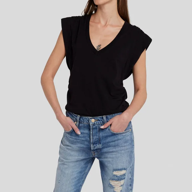 Loose V-Neck Shoulder Dropped Armhole Tee Curved Hem Side Ruching 100% Cotton Breathable Anti-Pilling Casual Style OEM Black