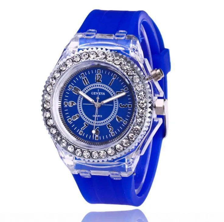 Geneva LED Backlight Glow Quartz Watch Waterproof Sport Rhinestone Silicone Band Roman Number 12 hour Dial Analog Wristwatch Alibaba