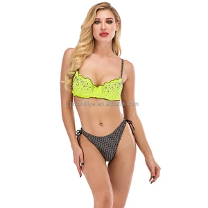 High Quality Retro Custom Printing Yellow Unique Seamless Spf 50 Women Mature Unlined Micro Couples Bikini Swimwear Two Pieces