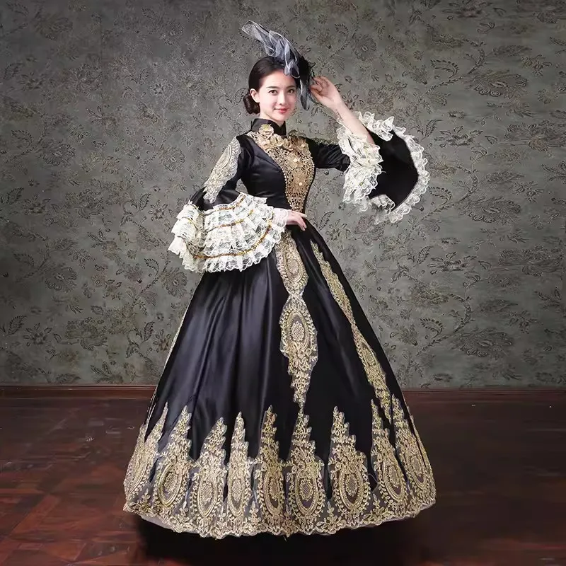 black and gold victorian dress Victorian Vintage Inspired Black & Gold Retro Tudor Gown Marie Antoinette Style European Elegance for Luxurious Prom & Party Nights Carnival Dress