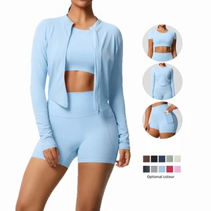 High Quality Women's Casual Sports Yoga Suit Lightweight Breathable Short Sleeve Zipper Cardigan Sports Pocket Shorts Three
