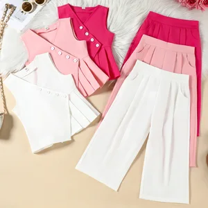 Summer New Children's Casual Solid Cross-Border Set V-Neck Button Pleated Waistcoat Jacket Pants Girls Clothes for Kids