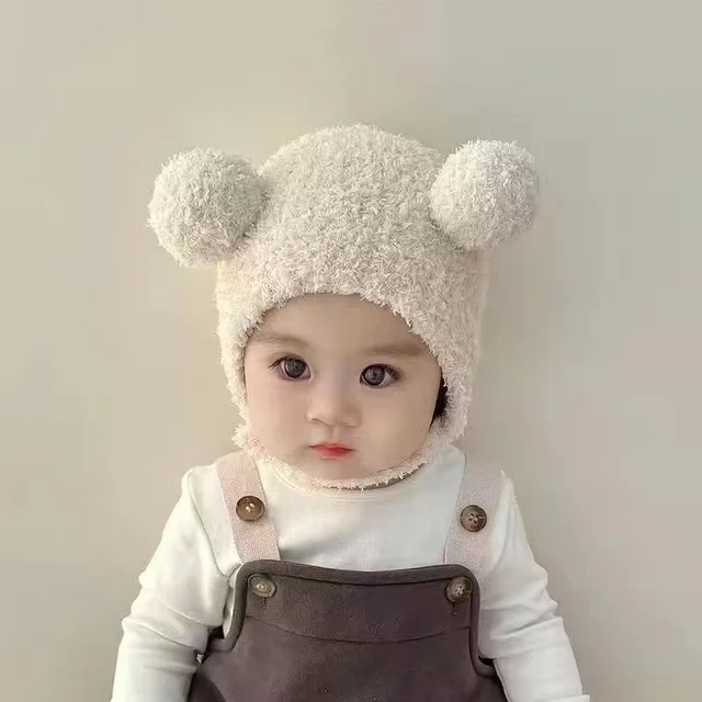 Winter new white baby ear protection hat warm cute hat comfortable baby ball soft hats