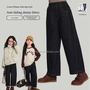 Customizable Kids Girls Loose Wide Leg Denim Jeans Anti-fading Comfy Soft Everyday Wear-Resistant