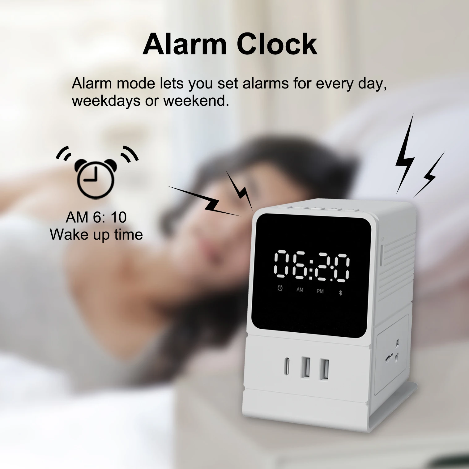 New Design Desk Digital Alarm Clock 2 Way Electrical Sockets Mini Cube