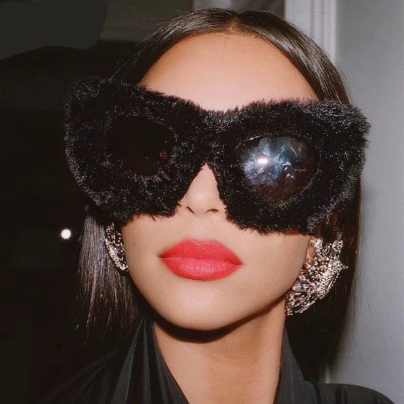 ?Women Black Plush Fuzzy Round Punk Soft Velvet Shades Handmade Sunglasses HS1115 - Women Fuzzy Plush Fashion Fur Heart Shape Fluffy  main image 4