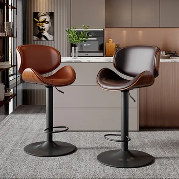 Bar Chair R-down Modern Simple Iron Light Luxury Backrest High Stool Household Cowhide Bar Stool Front Desk Chair