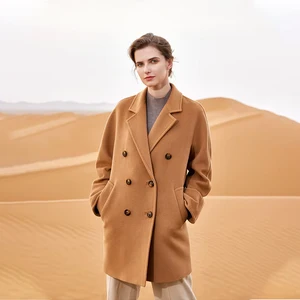 Customized Women's 100% Cashmere 800gsm Solid Color Warm Thick Mid-length Overcoat Double-breasted Versatile Casual Coat