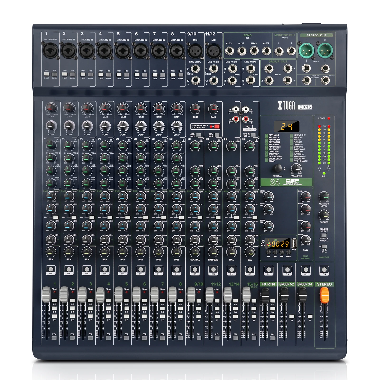 XTUGA BX16 - 16 Channel Professional Audio Mixer with Effects