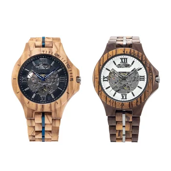 TJW Luxury Men's Olive Wood Mechanical Watch 46mm Round Case Business Style Hollow Feature with Pointer Display