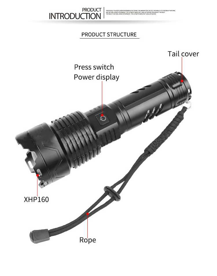 3000 High Lumen XHP160 Powerful Long Distance rechargeable Zoomable LED Tactical torches light Aluminum Alloy Flashlights factory