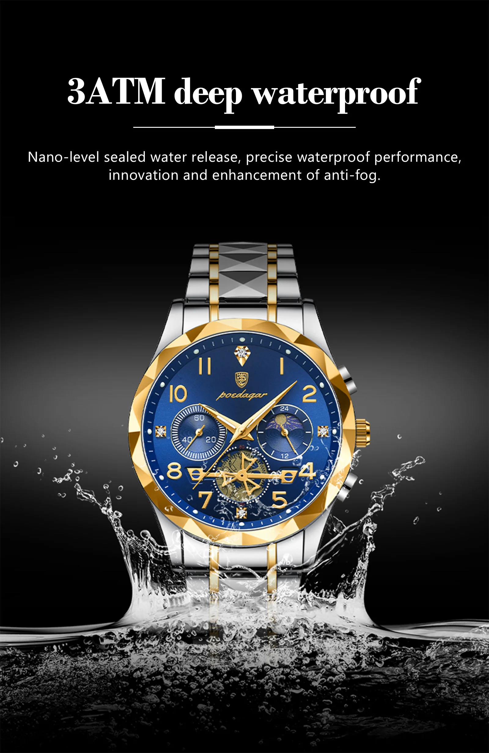 Poedagar 972黄金奢华商务手表防水计时夜光手时尚休闲男士手表Montre Relojes