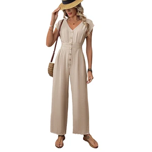 2025 New European American Casual Vacation Simple V-neck Solid Color Elastic High Waisted Wide Leg Jumpsuit Breathable Feature
