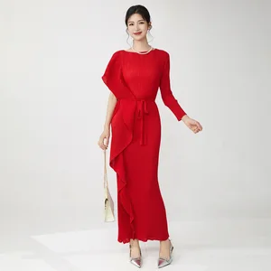 Factory Wholesale Miyake Pleated Dress Irregular Ruffle Lace-up Temperament Dress Ladies Fashion Dress