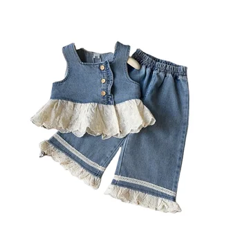 2025 Girl's Spring and Autumn Baby Suit Stylish Casual Print Two-Piece Set Fashionable Sleeveless Denim Vest and Long Pants