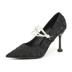 Classy Women's Black Textured Fabric Stiletto Heel Pumps with Pearl & Gold Buckle Accent