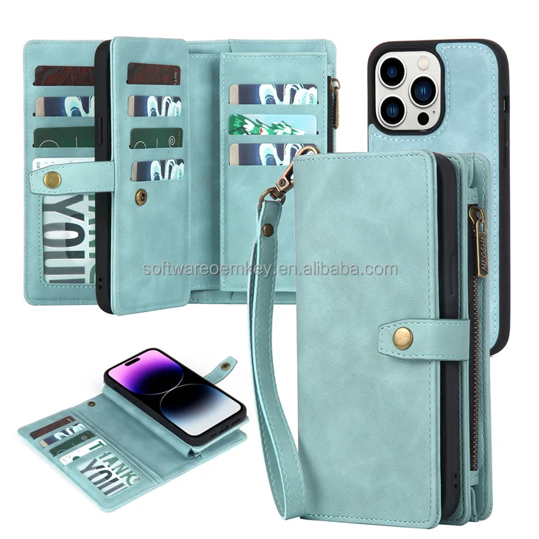 Retro Zipper Shockproof Card Slots Wallet Leather Brand Case Magnetic Detachable Back Cover for iPhone 11 12 13 14 15 Pro Max