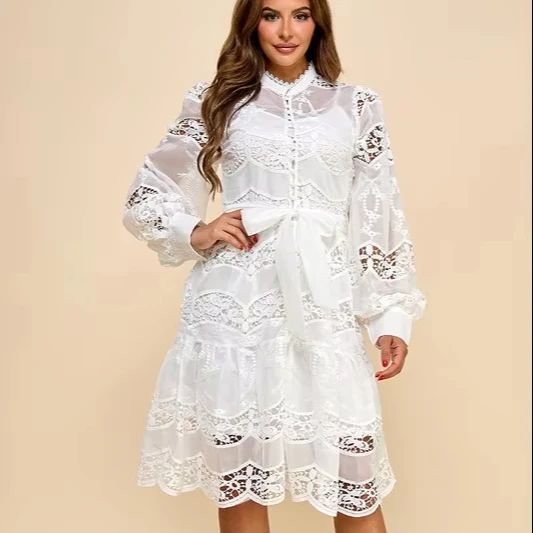 Vintage Elegant Short Transparent Lace Dress Natural Waistline Woven Breathable Weave - Image 1
