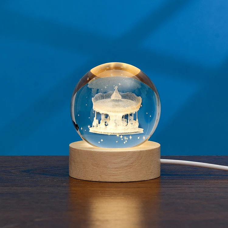 Galaxy Planet Glass Laser 3D Interior Engraved Small Night Light Crystal Ball with Wood LED Base Ball Night Lamp For Decoration details