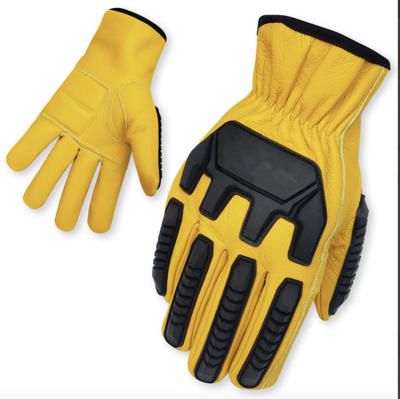 TPR Keystone Thumb Arc Impact Protection Cut Resistant Water Proof Yellow Grain Cowhide Leather Driver Gloves